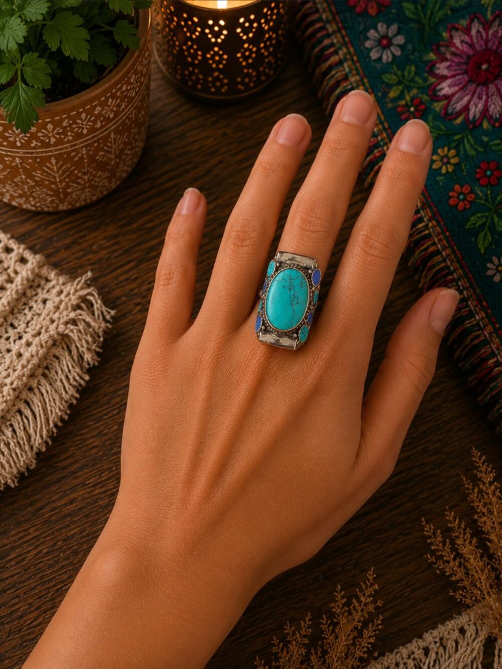 Turquoise Oval Stone Silver Ring - Turquoise Blue Women's Jewelry - Picture 1 of 5